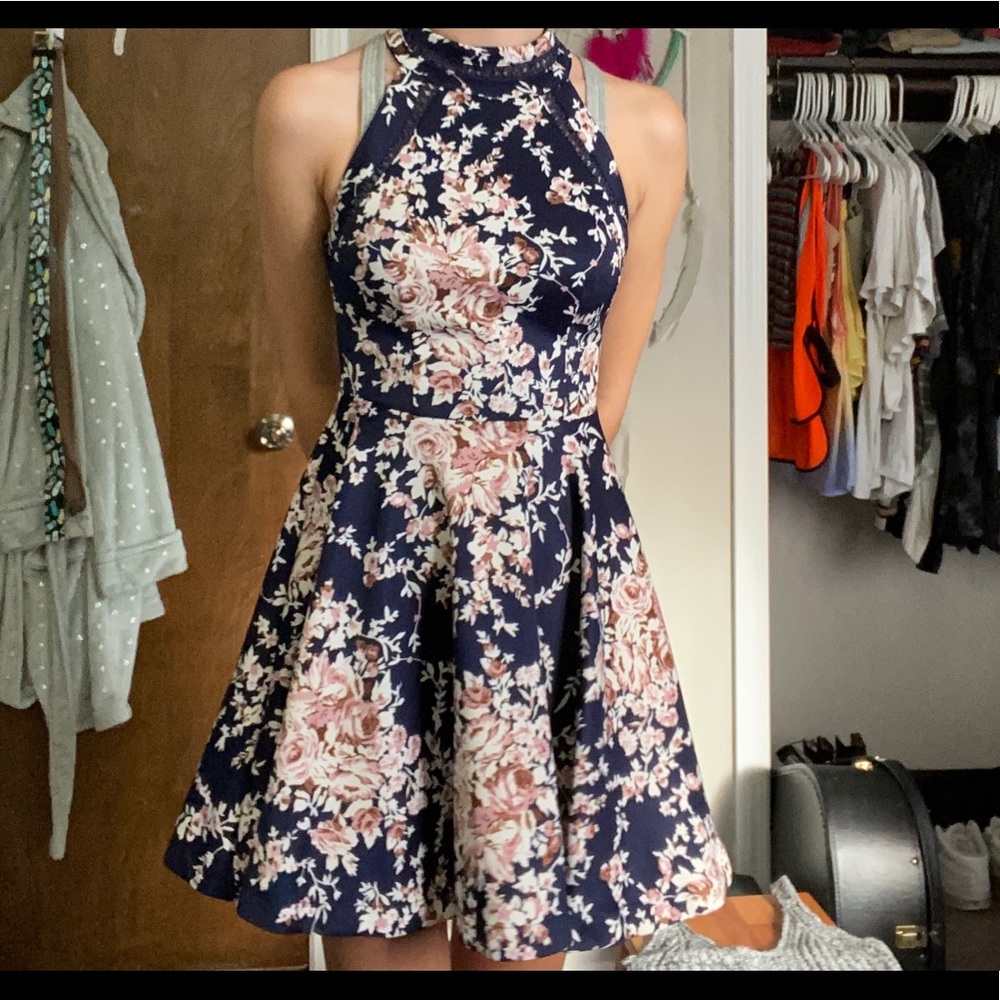 Floral Navy Homecoming Dress